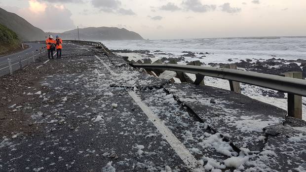 NZ Transport Agency pic of the damage to Centennial Highway between Paekakariki and Pukerua Bay. Photo / NZTA