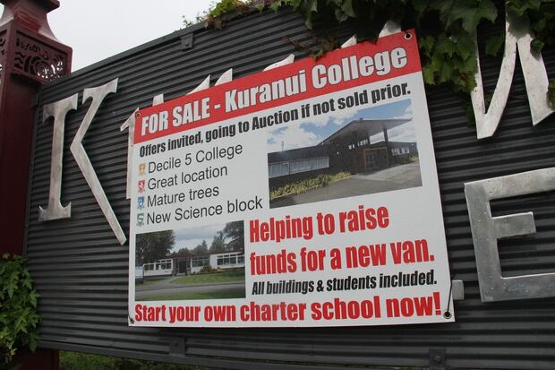 Year-13 students at Kuranui College play an end-of-year prank by having a sign made suggesting the school is up for sale. Photo / Andrew Bonallack 