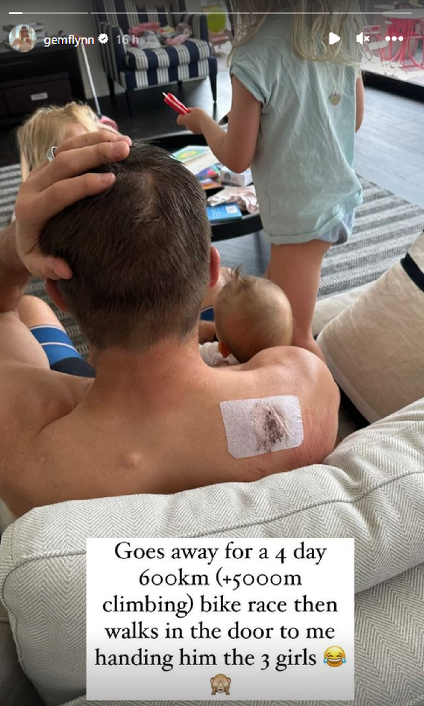 No rest for the wicked as Richie McCaw is straight back into parenting duties despite his apparent fall. Photo / Instagram, @gemflynn