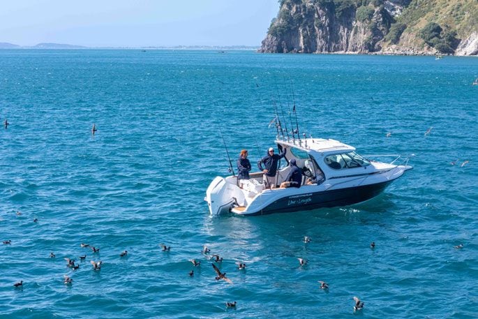 Trent Boult on his boat 'Line and Length' hunting Homunga Bay fish at The Fox on Friday. Photo / Jamie Troughton/Dscribe Media