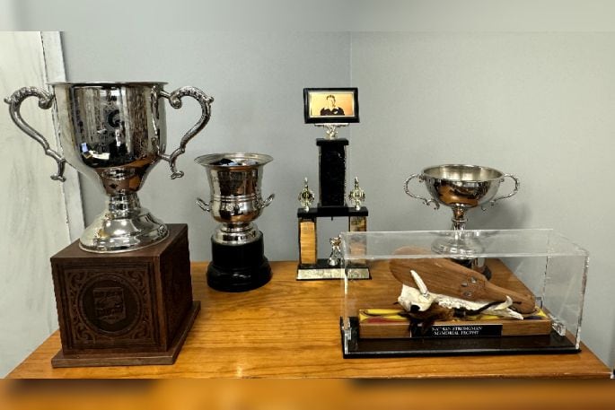 The five trophies that Bay of Plenty Steamers currently hold – the Chief’s Cup, the Macrae Shelford Bay Cup, the Peter Burke Trophy, the Mark Weedon Trophy, and the Nathan Strongman Memorial Trophy. Photo: Supplied.