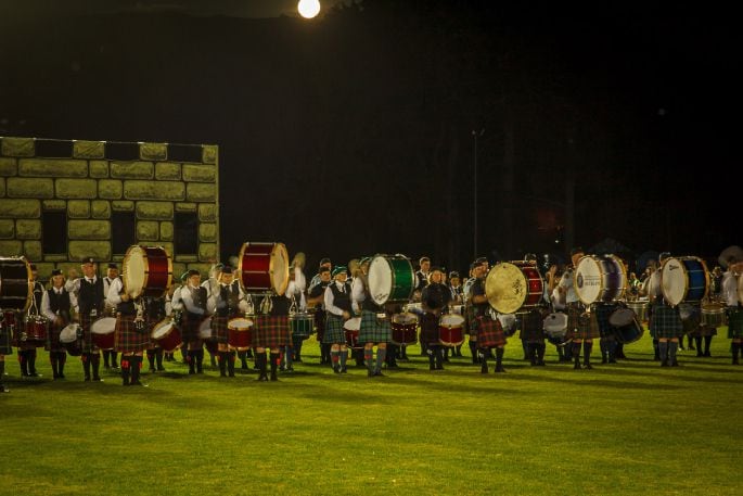 A band playing at the Evening Tattoo of the Paeroa Highland Games. Photo / Trevor Lowe