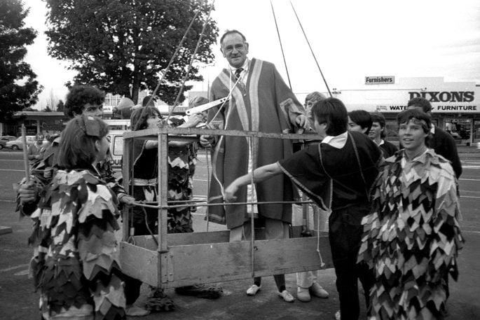 While mayor of Te Puke, Michael Pitter was 'kidnapped' by Te Puke High School students and suspended 20m above Jellicoe St as part of a fundraising telethon.