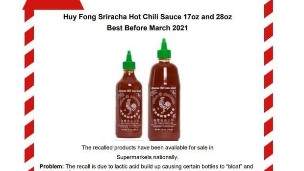 A popular hot sauce is being recalled due to it suddenly exploding its contents on opening. Image / Food Standards Authority