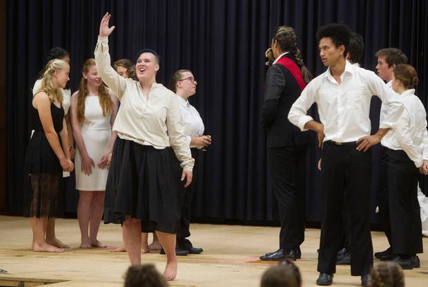 Western Heights High School students including Denva Graves, (left) and Tamahou Smith (far right) perform during the Sheilah Winn Shakespeare Rotorua Regional Festival. Photo / Ben Fraser