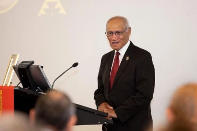 Tamati Tata speaking after receiving the University of Waikato Medal. Photo / Supplied