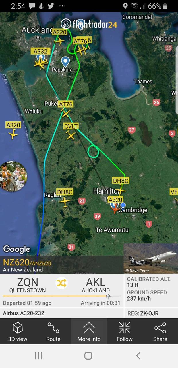 An Air New Zealand flight from Queenstown to Auckland has been diverted to land at Hamilton Airport. Photo / Flight Radar