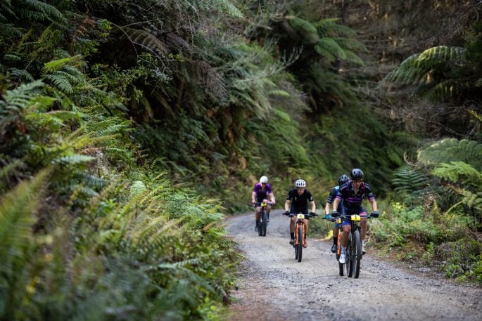 The trails are world-class - Ben Oliver pictured first in line at 2022 Whaka 100. Photo supplied.