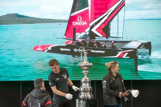 All the fun of the rare up-close viewing of the America’s Cup at Tauranga Intermediate School this week. Photos: John Borren.