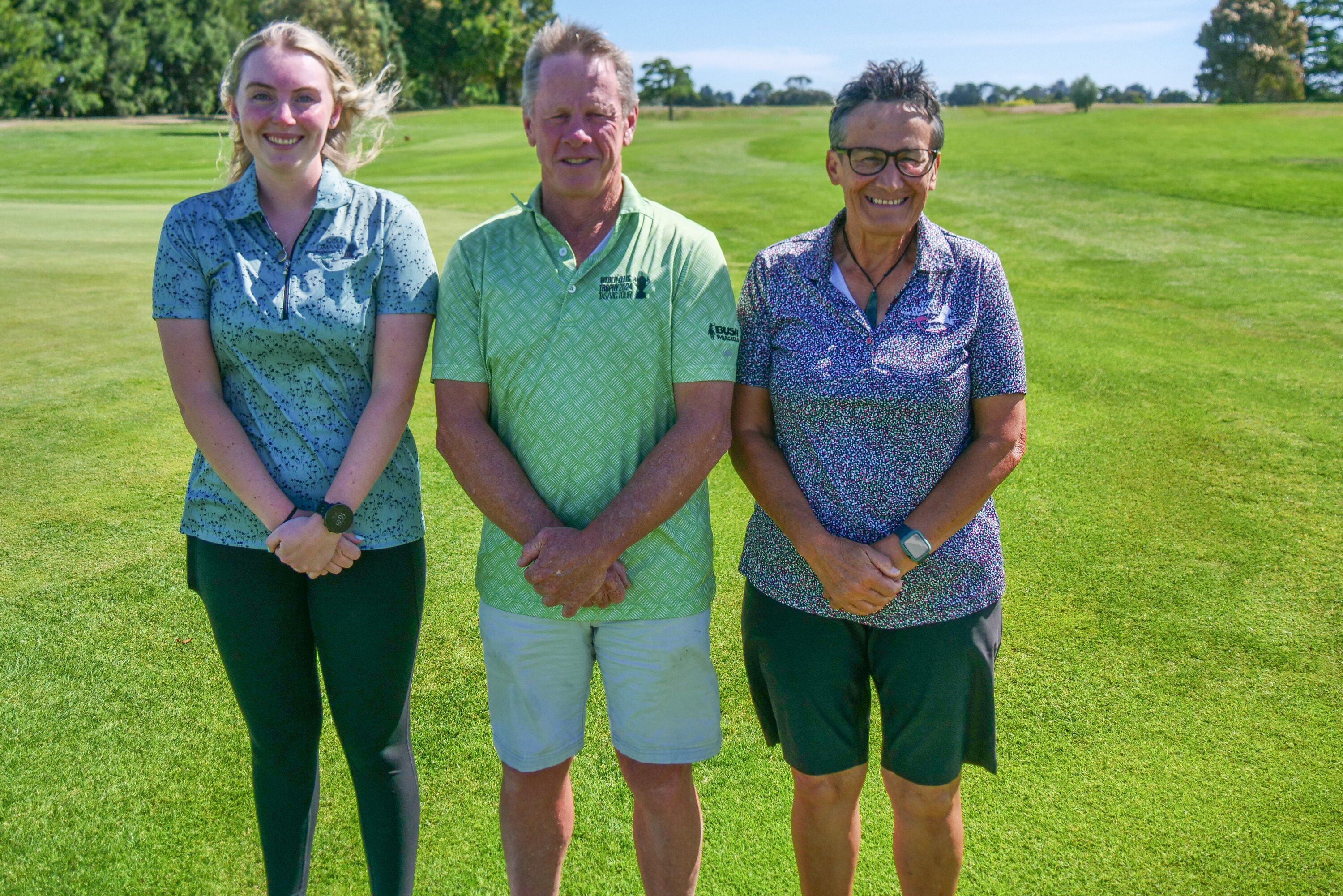 Omanu Golf Club Taylor customer relations manager Rose Perrett (left), general manager Neil Weber and office administrator Wy Wyatt. Photo / Tom Eley