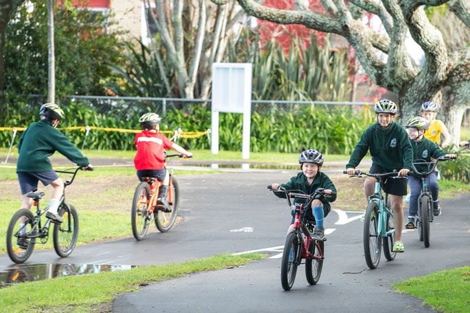 Maungatapu School’s new bike track is designed to resemble real streets so children can learn road safety. Photo: John Borren.