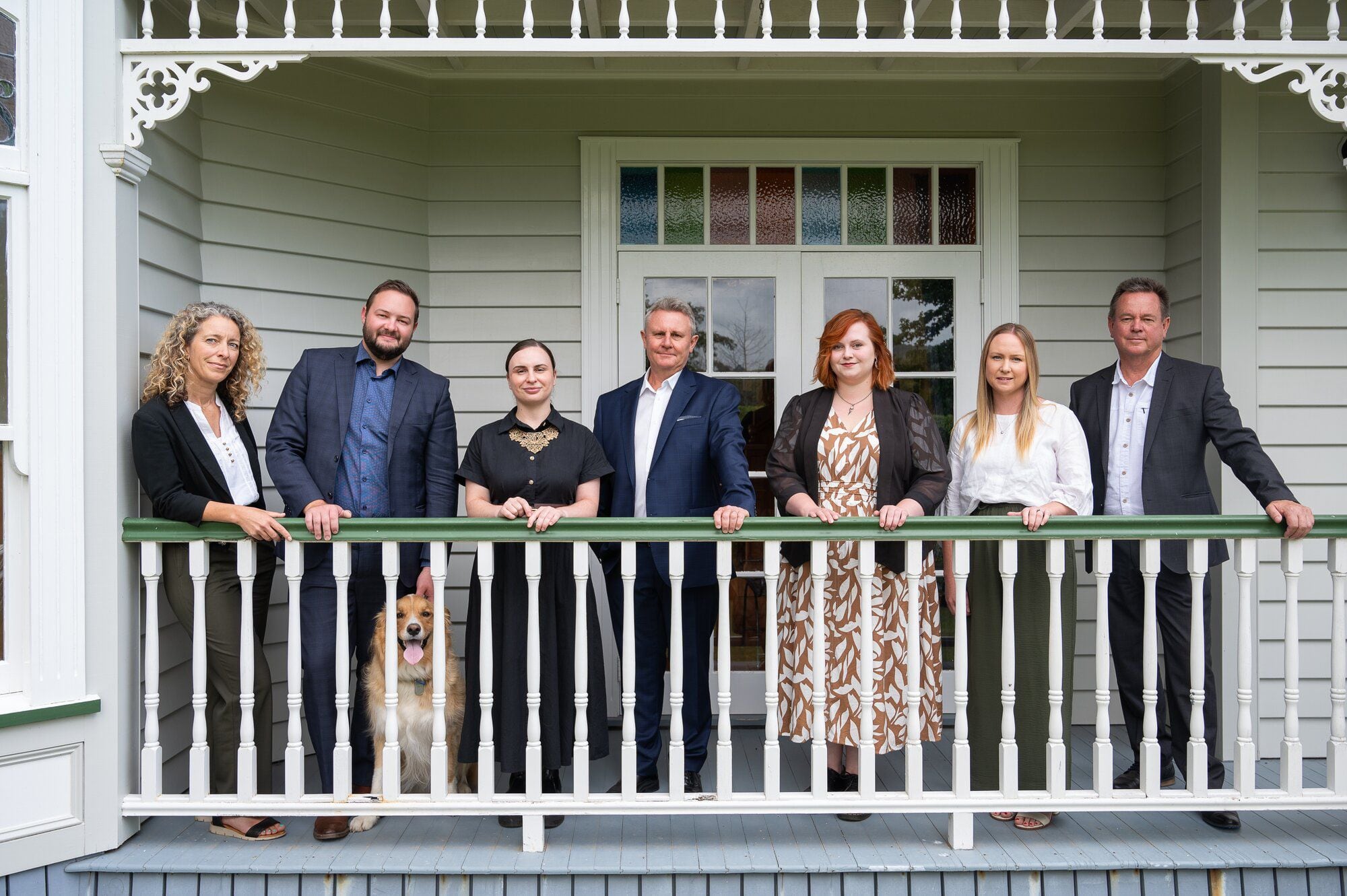  Hope Family Funeral director Eva Wolf and the rest of the team: Oliver Marriner, Harley (the dog), Elise Williams, Dean Hughes, Lydia Burney, Alex Marriner and Tony Hope. Photo / David Hall