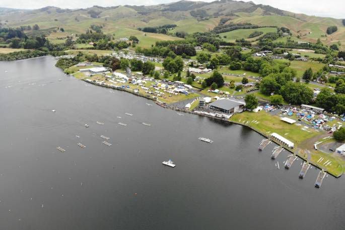 The Waka Ama Sprint Nationals, held annually on Lake Karāpiro, is the biggest event of its kind in the world. Photo / dji camera