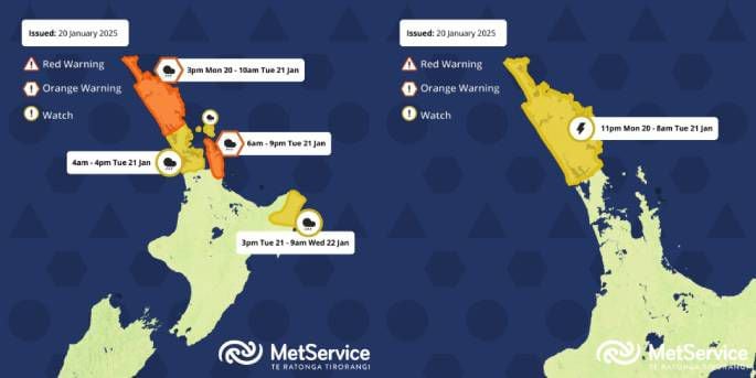 MetService warns of strengthening easterly winds, heavy rain and the potential for thunderstorms from Monday afternoon and into Tuesday across Northland, Auckland and the Coromandel. Photo / supplied