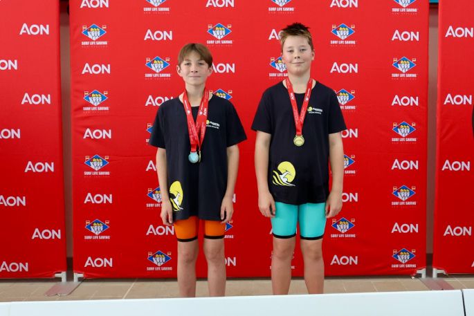 Ricky Broadley and Cooper Taylor-Jonsson won the U12 100m Patient Tow with Fins.