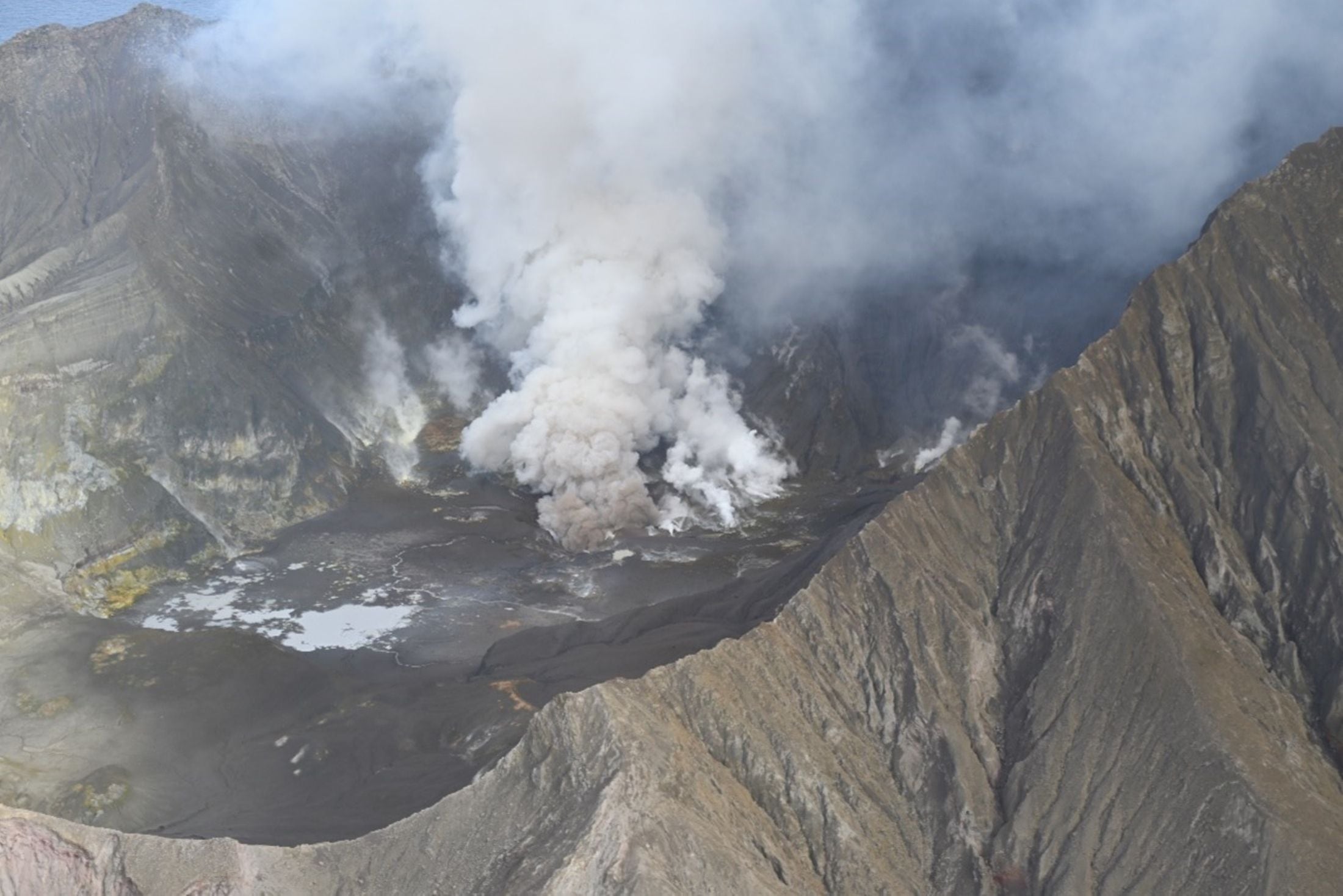 This image captured on July 12 shows a plume of gas and steam emitting from a vent from Whakaari/White Island. Minor amounts of brown non-eruptive ash can also be seen near the vent at the base of the plume. Photo / GeoNet