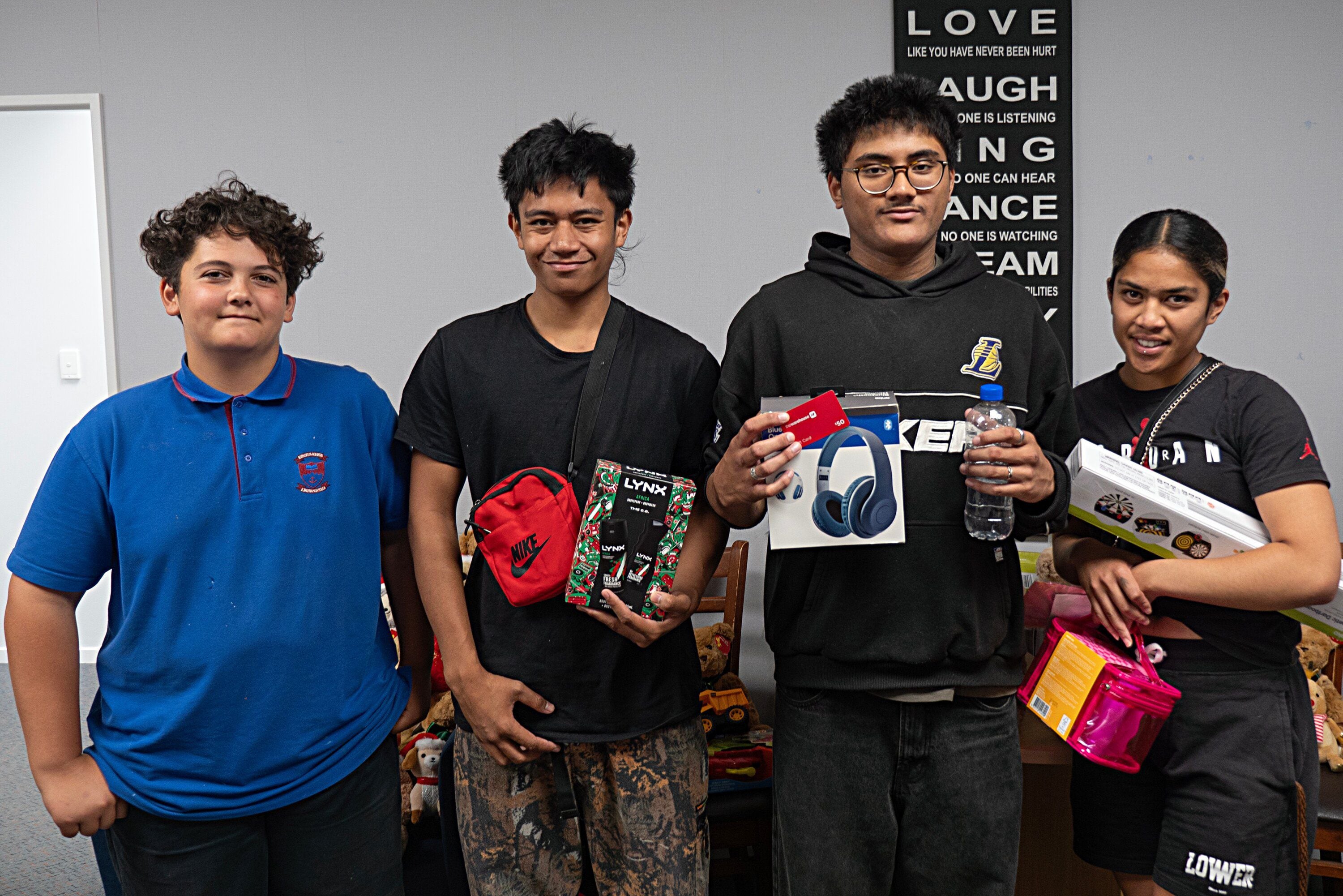 Left to right Tai, Wai, Gibby, Tyrese are supported by the Youth Development Trust and came into Salvation Army Tauranga to get food and toys for their whānau.