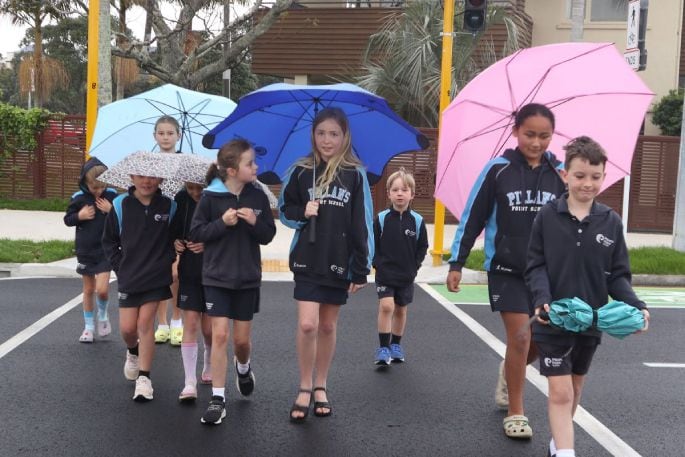 Rain, hail or shine, Pillans Point School students can now cross Chapel Street safely.  Photo / Tauranga City Council