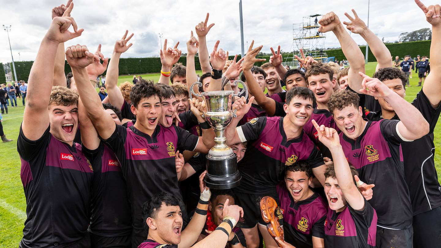 Hamilton Boys' High School celebrate winning the 1st XV Championships. Photosport