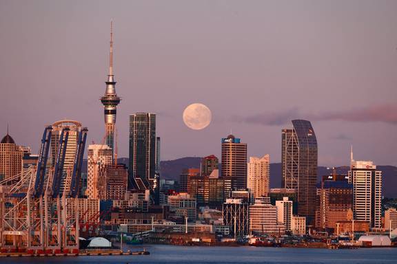 The supermoon as seen in the city centre, Auckland, early this morning. Photo / Brett Phibbs