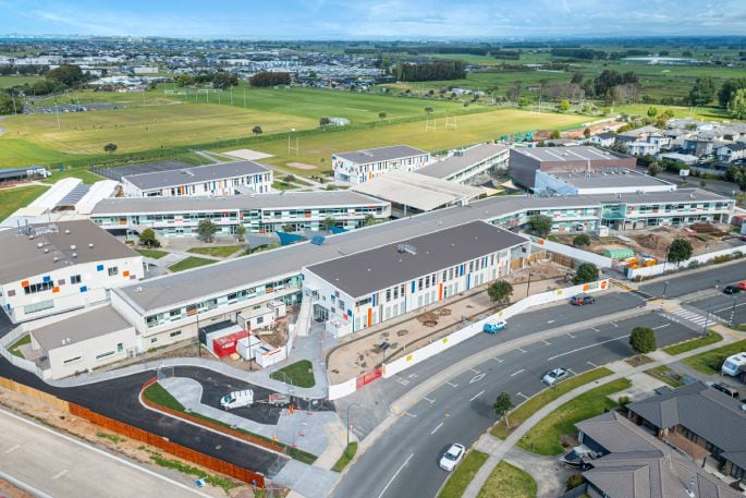 The front of Pāpāmoa College with the whare construction site on the right. Photo: Stead Construction.