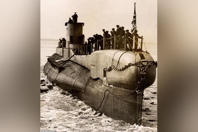 When it foundered, the HMS Triumph submarine (pictured here at its 1939 launch), which had a crew of 39, was on a top-secret mission to recover 18 British commandos from a remote Greek island. Photo / Royal Navy Submarine Museum