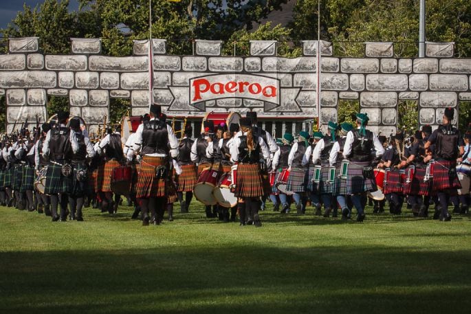 March from Paeroa Castle at the Evening Tattoo of the Paeroa Highland Games. Photo / Trevor Lowe