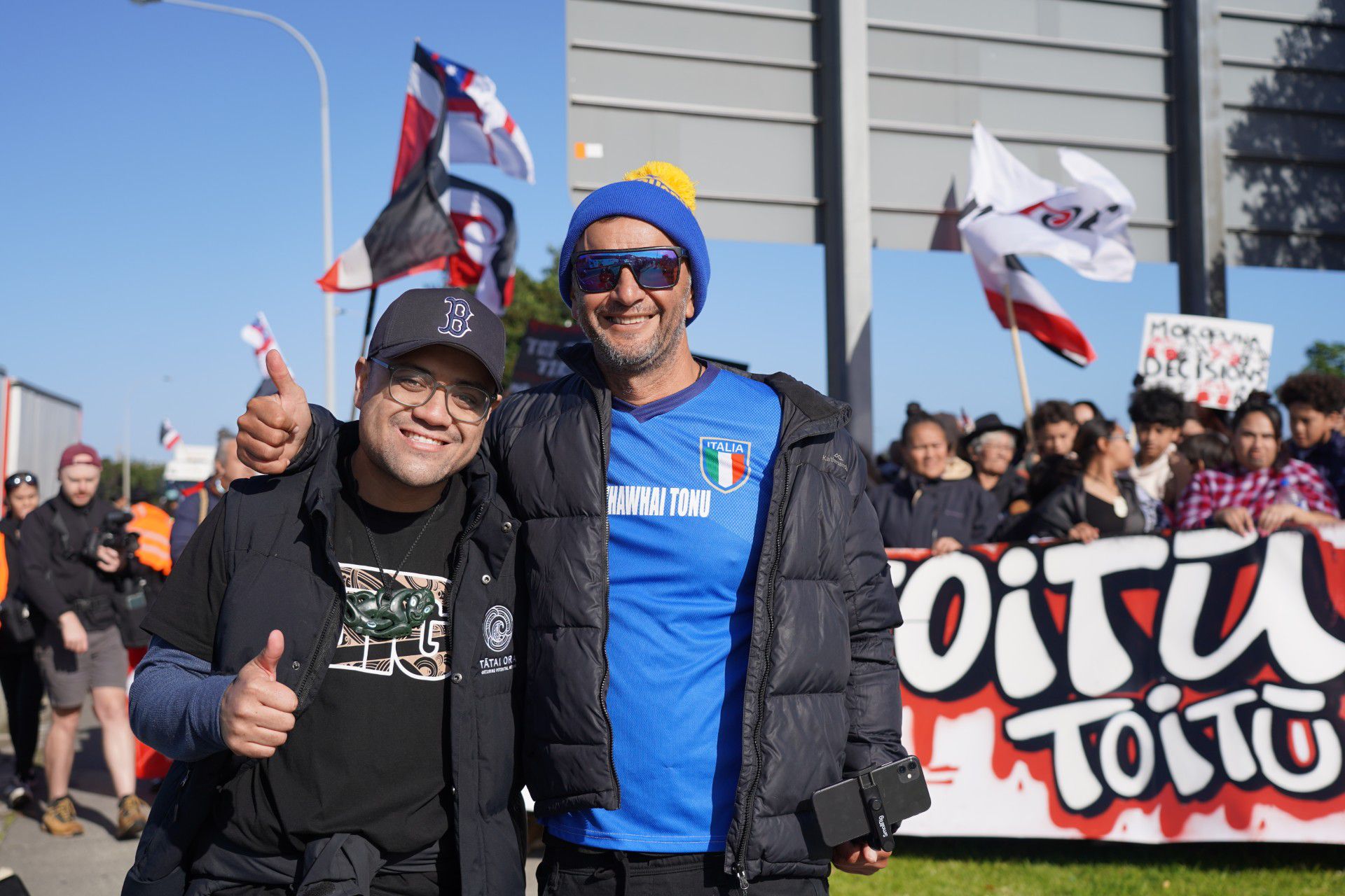 Mikaere Sydney and his uncle Hemi Rolleston in May at the Tauranga Moana Te Tiriti hīkoi. Photo / Supplied