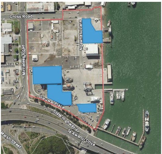 The precinct is outlined in red; the blue shaded areas were privately owned before the sale. Image / Tauranga City Council.