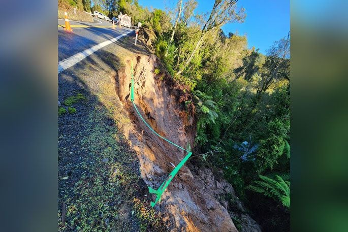 A 40m section of the verge has collapsed into the valley below on SH36 at Mangorewa Kaharoa Gorge.