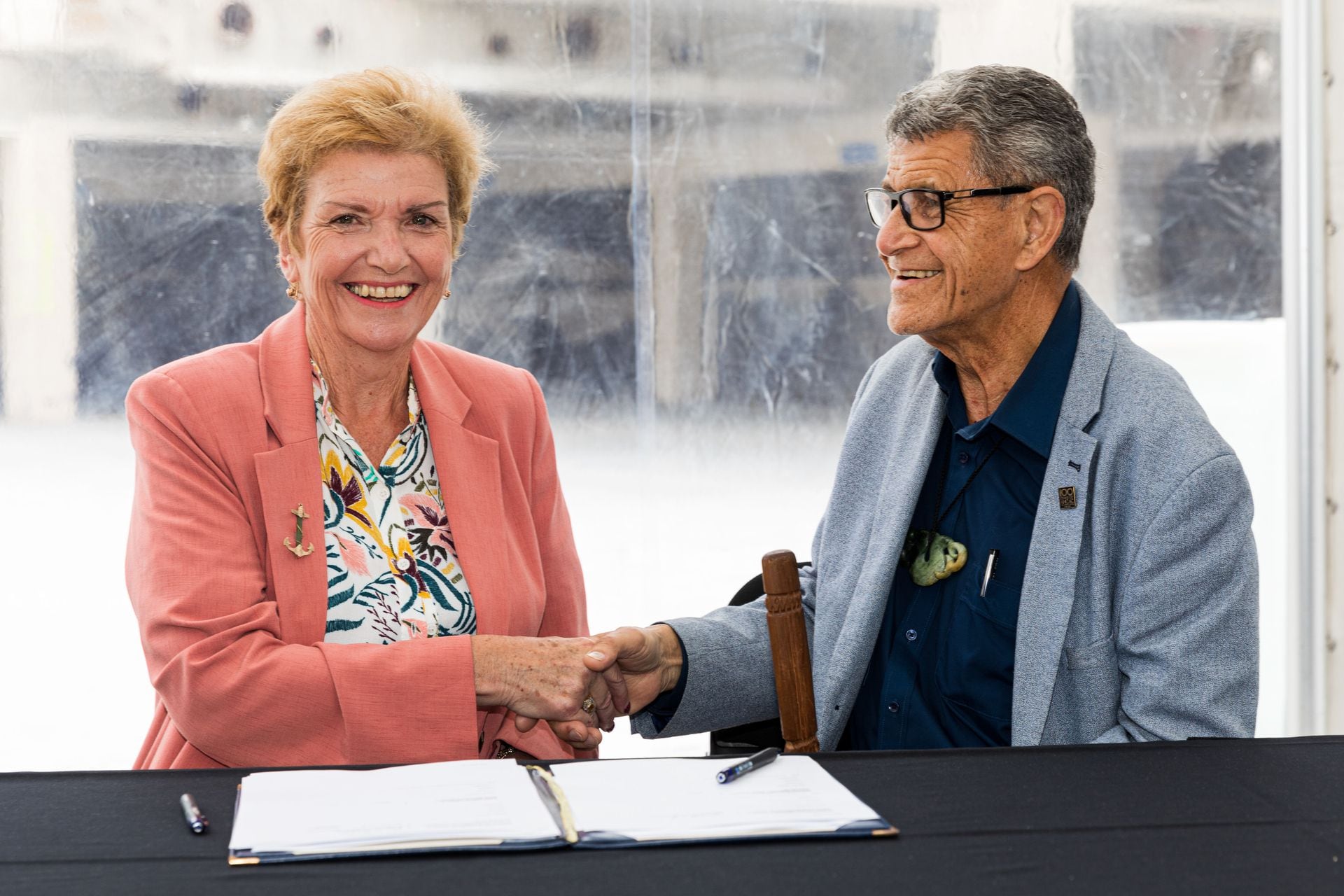 Commission chairwoman Anne Tolley and Otamataha Trust chairman Puhirake Ihaka after signing the Te Manawataki o Te Papa Trust deed in 2022. Photo / Mead Norton