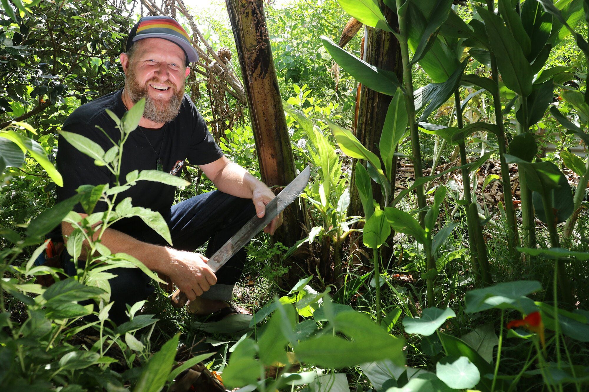  Kris Edgington among the plants of his food forest. Photo: Stuart Whitaker