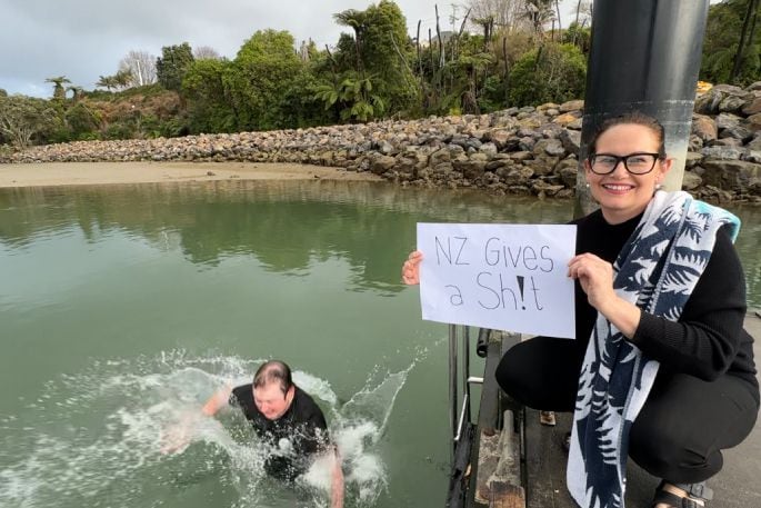 Charlie Eggleton and Melanie Bedggood participating in the cold plunge. 