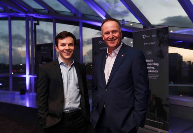 Sir John Key (right) with Crimson Global Academy chief executive Jamie Beaton at a panel discussion last month on the future of education. Photo / Dean Purcell
