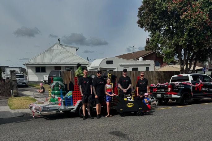 Mount Tyres won the Best Commercial Float in the 2024 Pak'nSave Pāpāmoa Superhero Santa Parade. Photo / Supplied