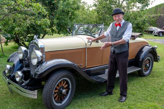 Murray Toms with his 1927 Chrysler – one of an estimated five in New Zealand – will be part of the Time Warp on at Katikati A&P Show on February 2. Photo: David Hall