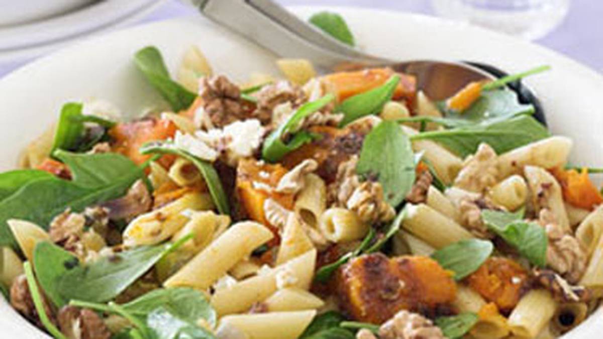 Warm pasta salad with pumpkin, spinach and feta - NZ Herald