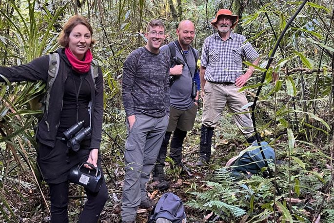 Census team member Amanda Rogers, OKT volunteer Andrew Simmons, census team member Mark Fisk, and OKT volunteer Hans Pendergrast in Ōtanewainuku Forest. Photo: Emily Malthus.