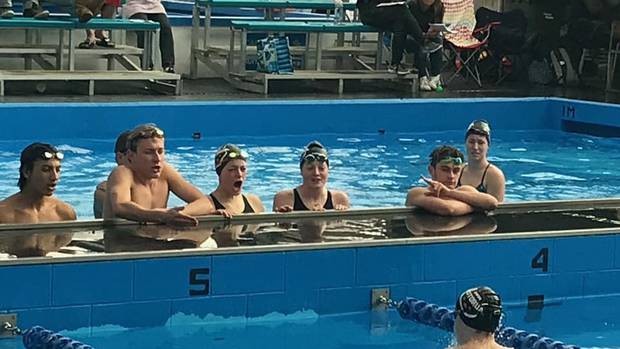 Swim Rotorua swimmers cheer on a teammate at the Taranaki Winter Short Course Championships. Photo / Supplied