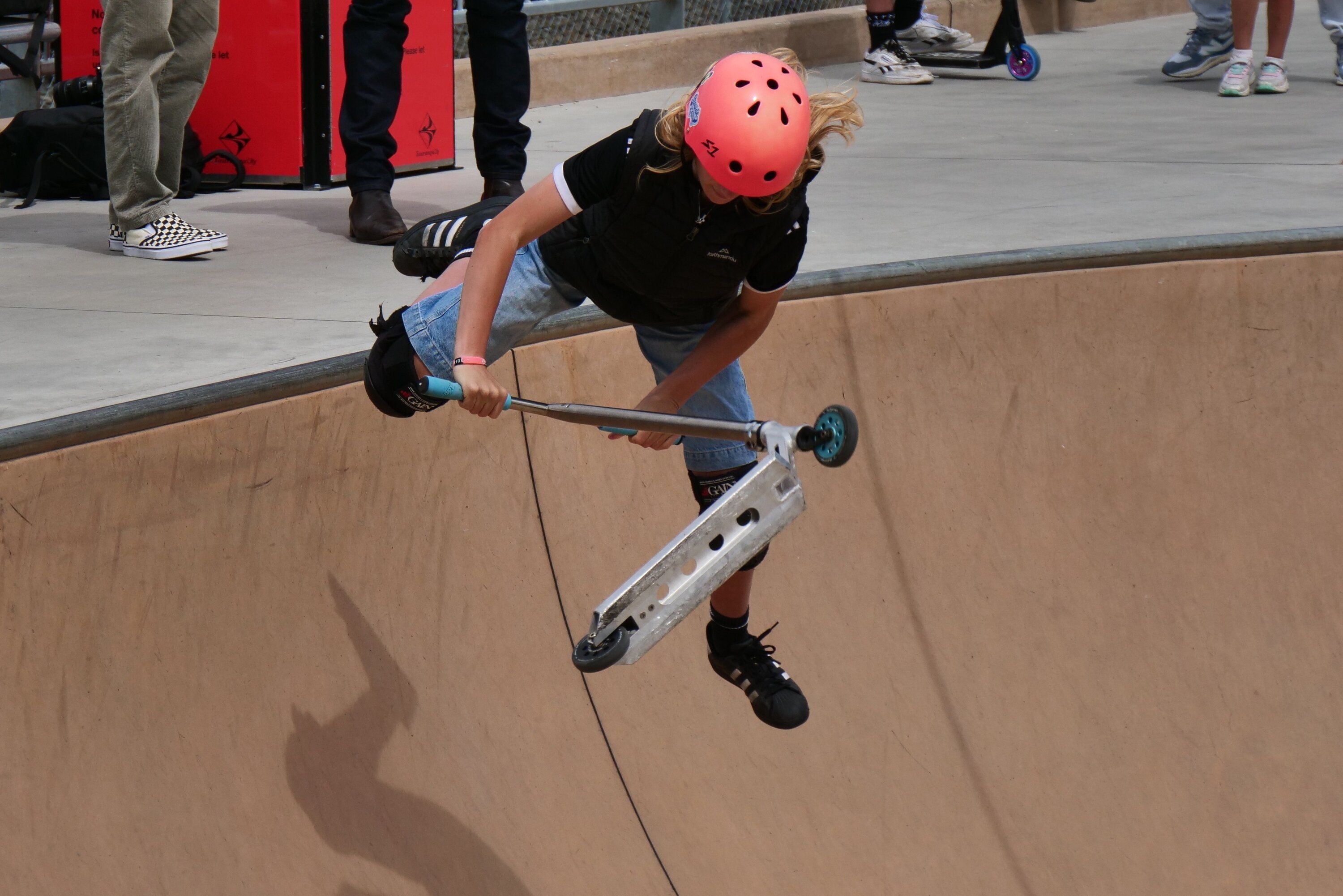 Alana Reardon shows off some of her tricks at Mount Maunganui Destination Skate Park. Photo / Tom Eley