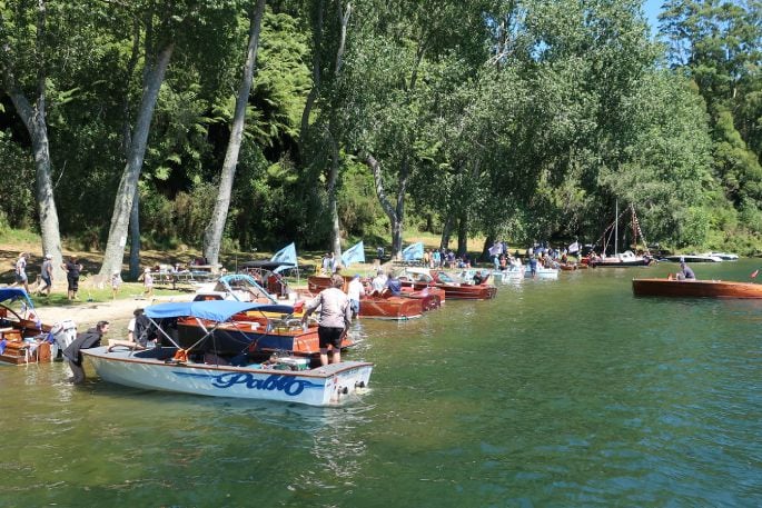 Group of classic wooden boats at Lake Rotoiti.