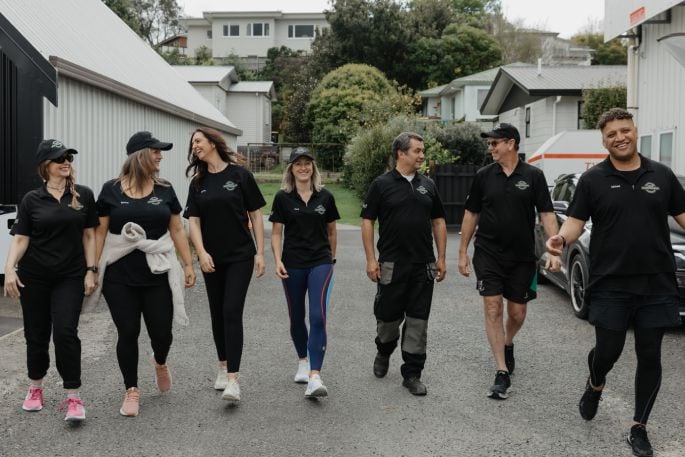 Good Neighbour staff Lindie Williams (left), Sammy Waru, Renee Hanna, Fleur Bos, Lee Pearce, Campbell Hill and Michael Waru on the first round of the 2024 Good Walk. Photo / Supplied