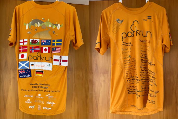 The world roaming parkrun shirt has visited more than 11 different countries around the world. Photo supplied.