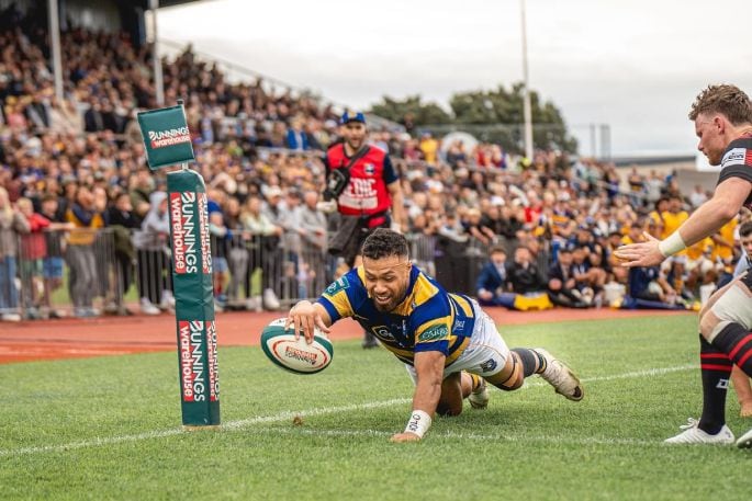 Uilisi Halaholo scoring a try during the Bay of Plenty v Canterbury semifinal of the NPC at Tauranga Domain. Photo: BOP Rugby.