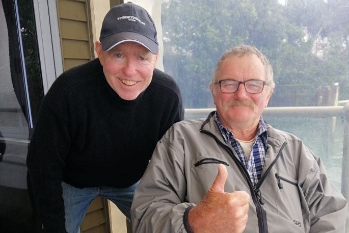 Dave Miller with his good friend, the late Dick Marquand, celebrating Marquand’s 74th birthday at Harbourside Restaurant. Photo: supplied