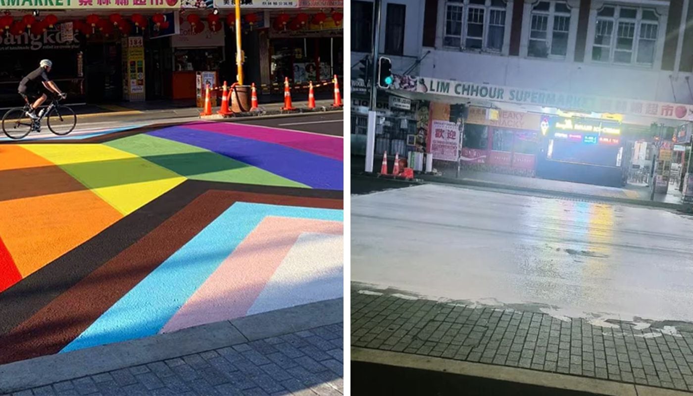 The rainbow crossing on Karangahape Rd in Auckland was painted over with white paint in March. Photo / John Nottage / Reddit