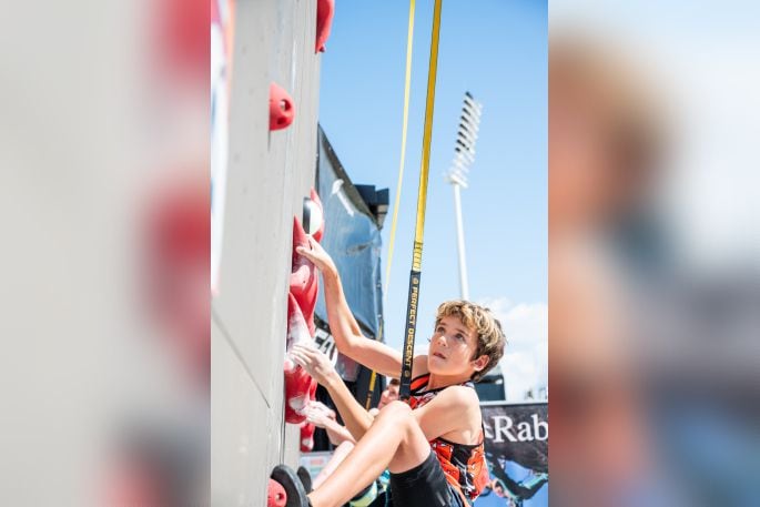 Fourteen-year-old Levi Dickinson representing Bay of Plenty Sport Climbing Association competing at 2024’s national speed climbing championships. Photo: Brydie Thompson