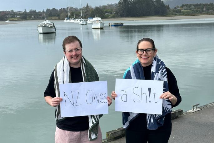 Charlie Eggleton and Melanie Bedggood participating in the cold plunge. 