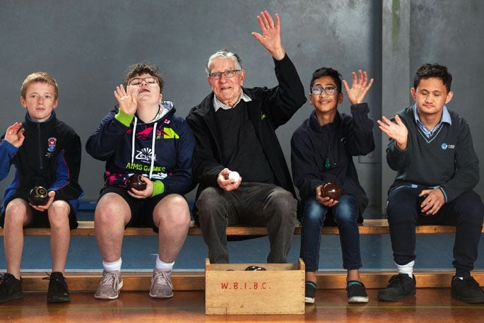 Tauranga Special School students Regan Unsworth-Taylor, Laura Hollands, coach Kevin Garratt, Rohan Chhibber, and Matthew Witehirateam pictured during a practice for the indoor bowls competition that will be part of 2024’s Zespri AIMS Games. Photo: Alan Gibson.