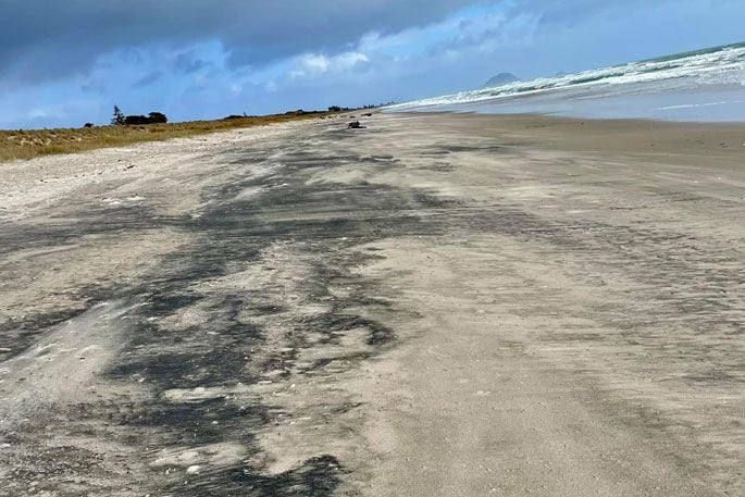 The black substance on Papamoa Beach earlier this week.